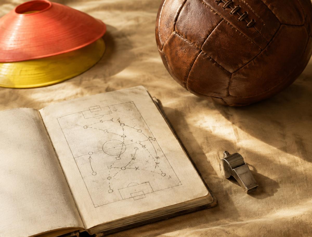 Cuaderno con táctica dibujada, balón de cuero y silbato