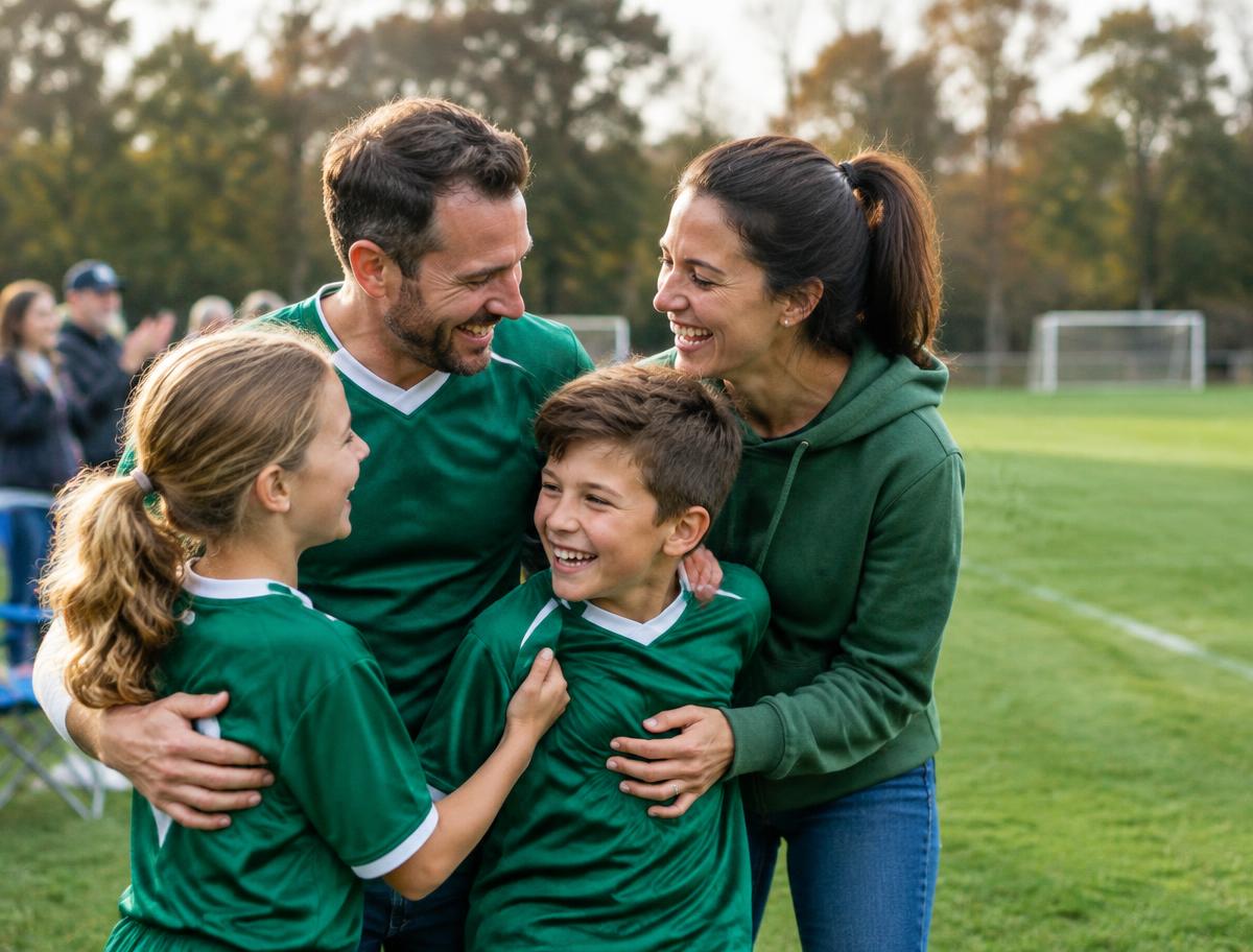Familia celebrando con sus hijos en uniforme verde